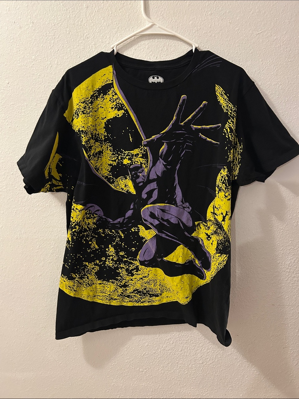 Batman Men’s Black Tee with Yellow Moon and Purple Graphic
